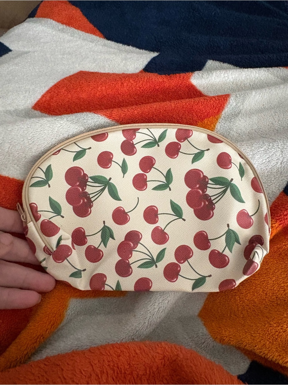 Cherry Print Zip Pouch Cosmetic Case - Cream with Red Cherries